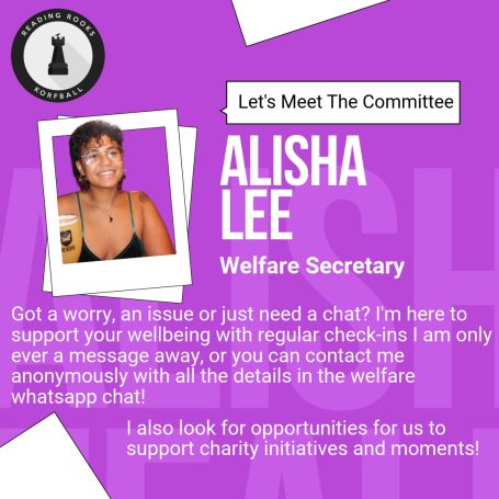 Reading Rooks Welfare Secretary Alisha is our Welfare Secretary